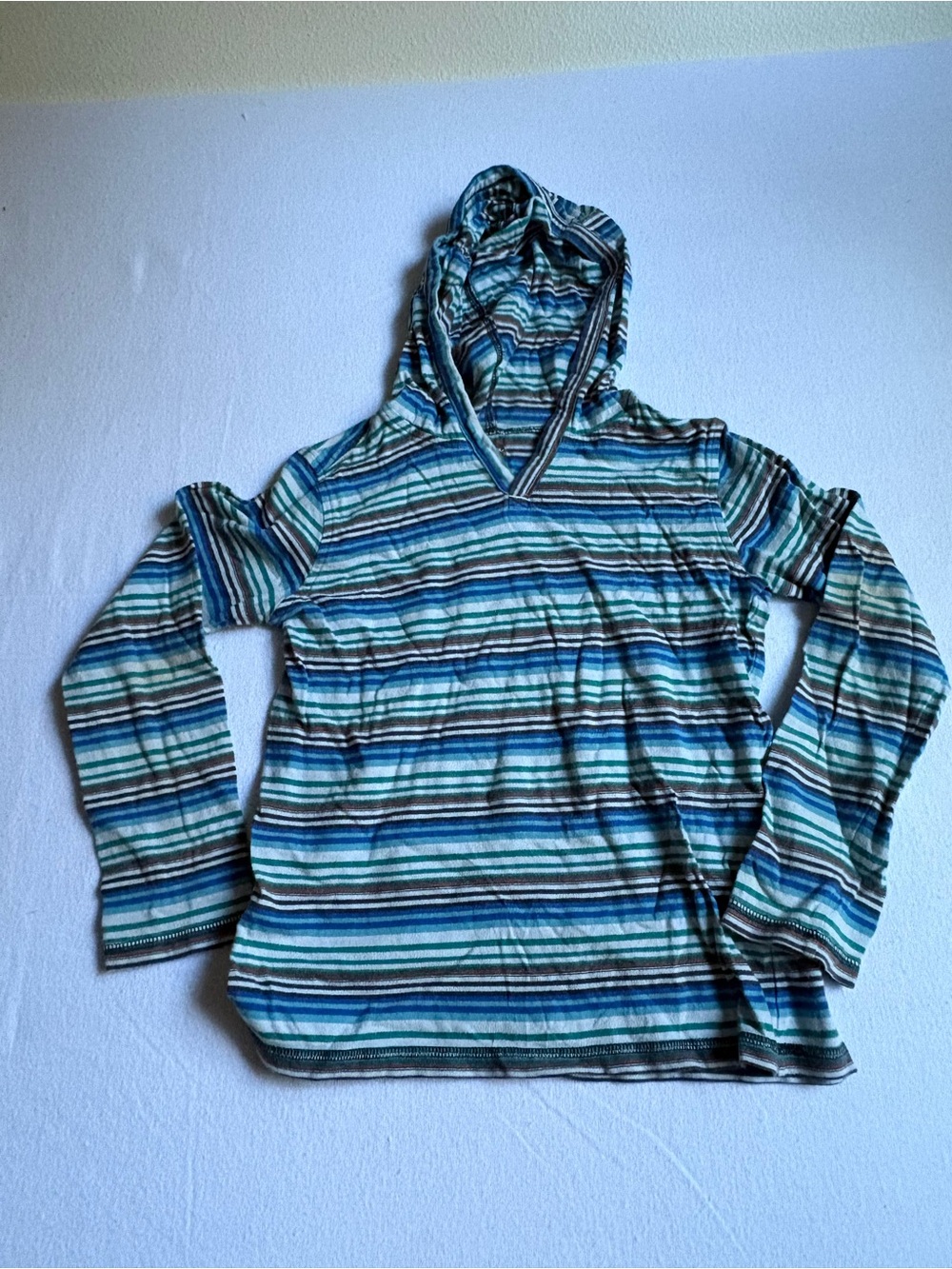 Tea Collection Striped Hooded V-Neck Sweater in Blue and Green Tones
